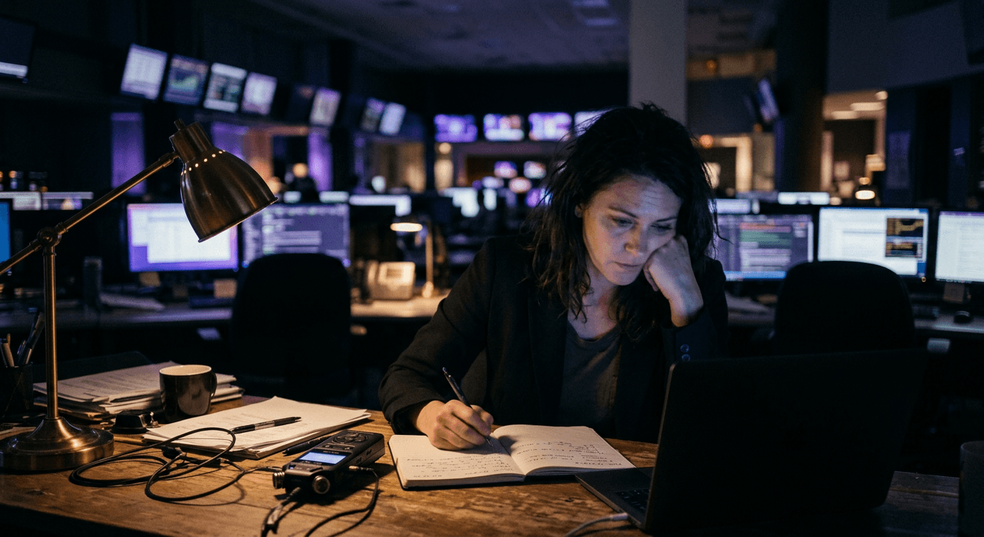 A journalist taking notes at a desk in a dark newsroom
