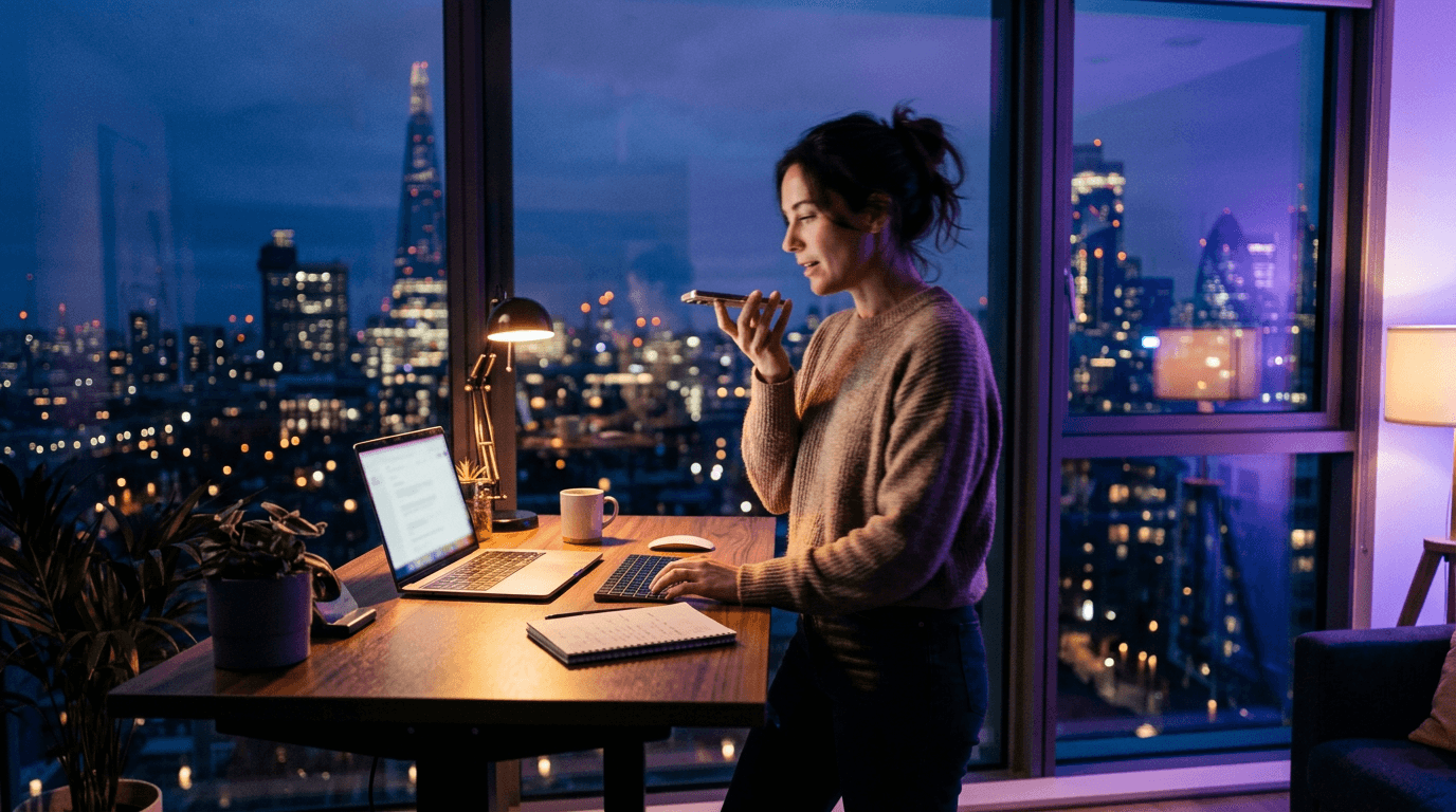 A professional dictating into a phone at a standing desk at dusk