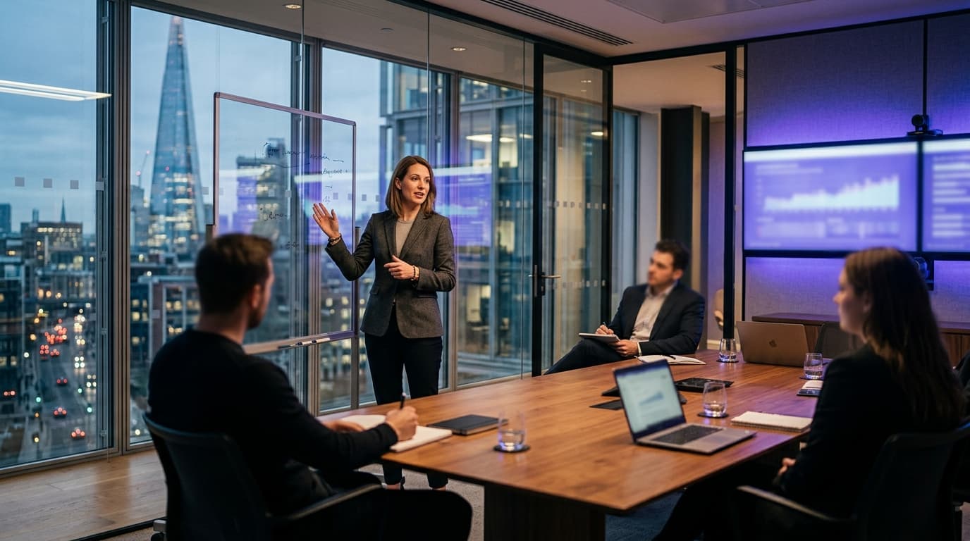 A consultant presenting in a glass meeting room at dusk