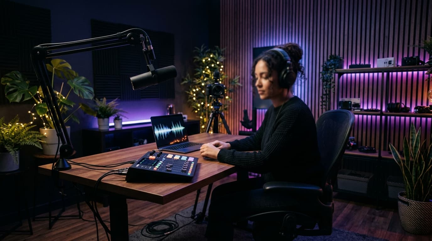 A creator recording in a home studio with indigo studio lighting