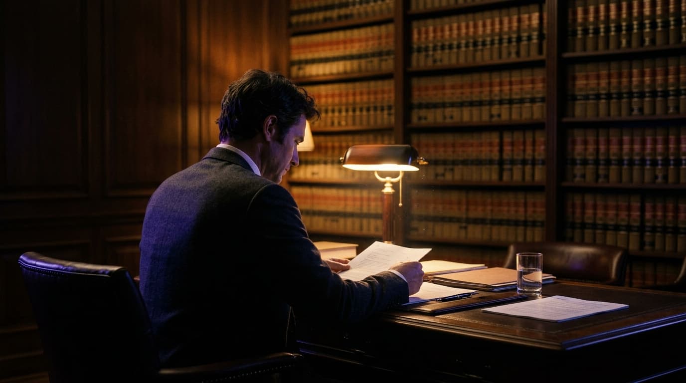 A lawyer drafting at a desk late at night in a wood-paneled office