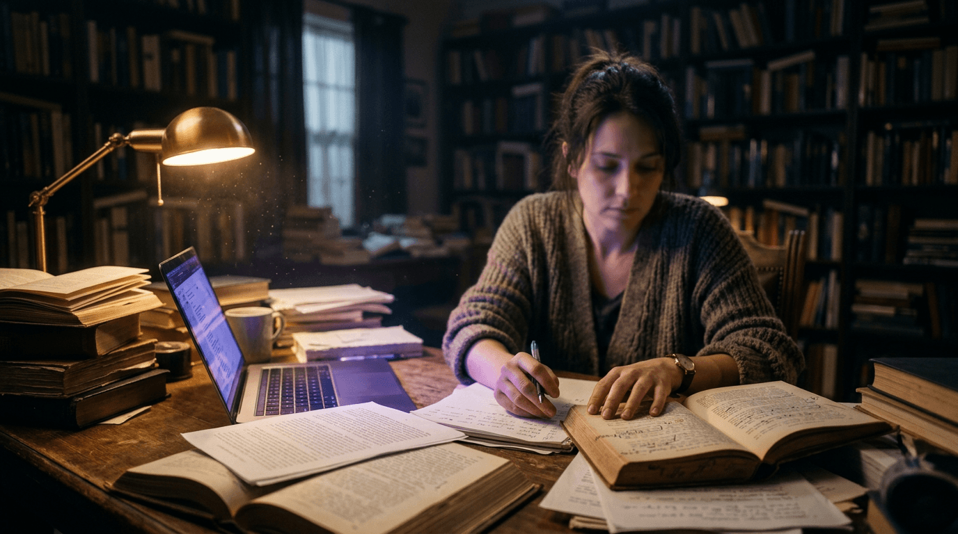 A researcher writing among open books and papers at night
