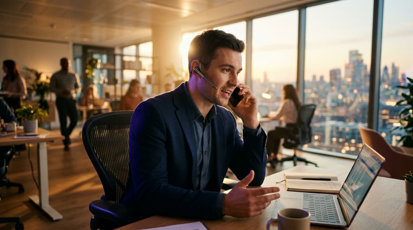 A sales rep on a headset call in a bright office at golden hour