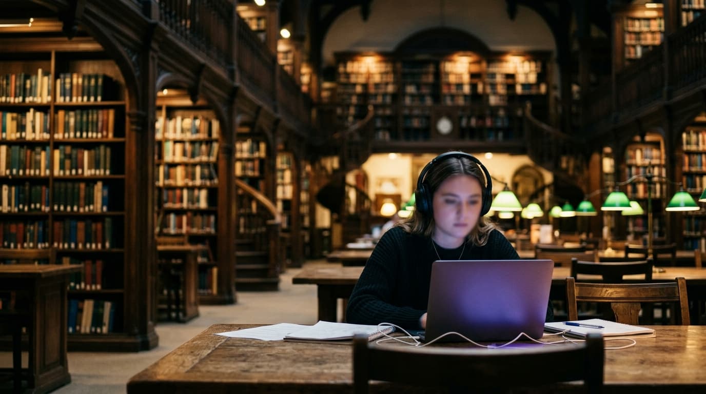 A student studying with headphones in a library at night