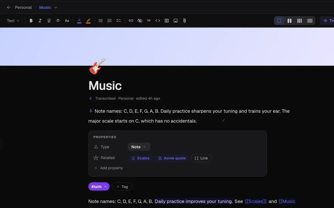 The note editor with a transcription, properties and wikilinks.