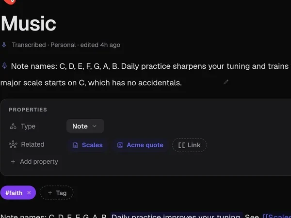 The note editor with a transcription, properties and wikilinks.