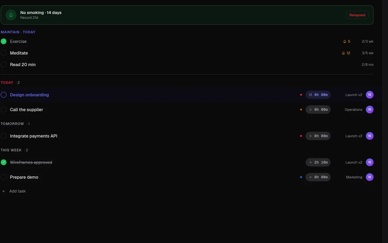 The Tasks list with to-dos, habits, streaks and timers.