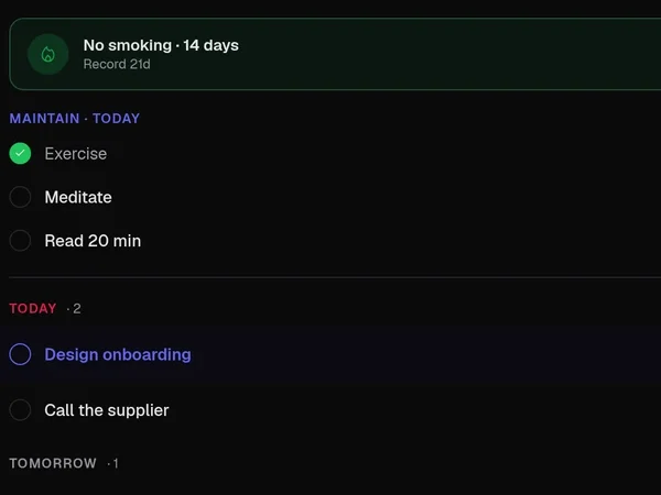 The Tasks list with to-dos, habits, streaks and timers.