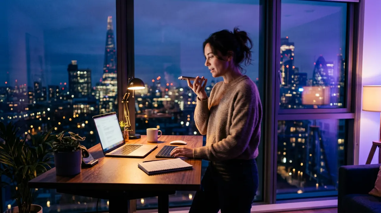 A professional holding her phone as she talks, next to her laptop at a standing desk at night